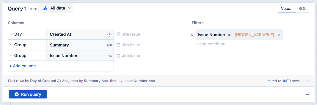 Using a Hidden variable control to filter for a specific issue number in a visual mode query.