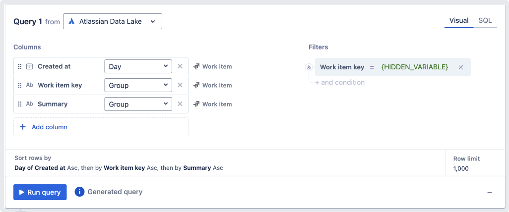 Using a Hidden variable control to filter for a specific work item key in a visual mode query.