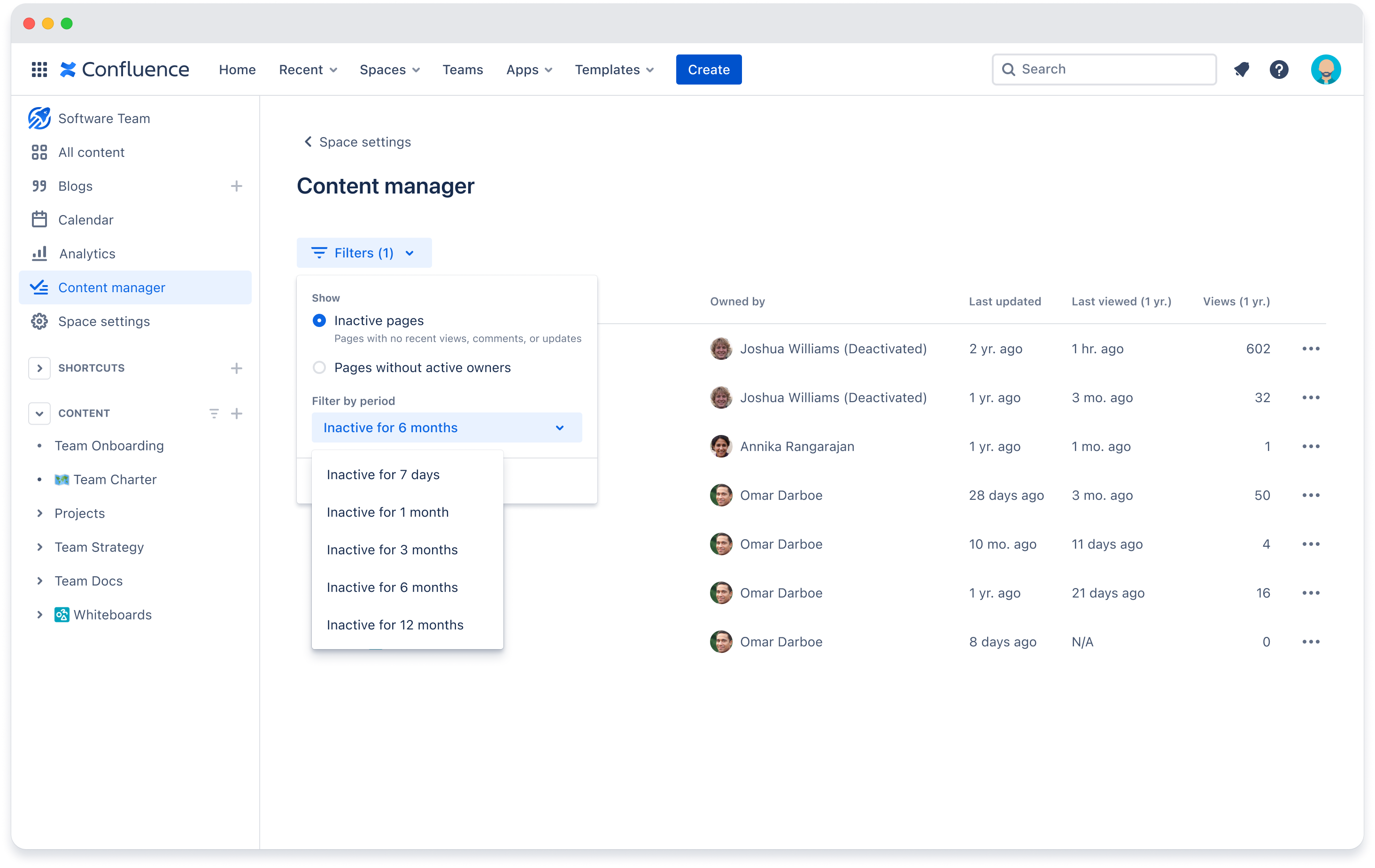 The content manager shows the Inactive pages filter selected. A dropdown within the filter shows a default range of 6 months.