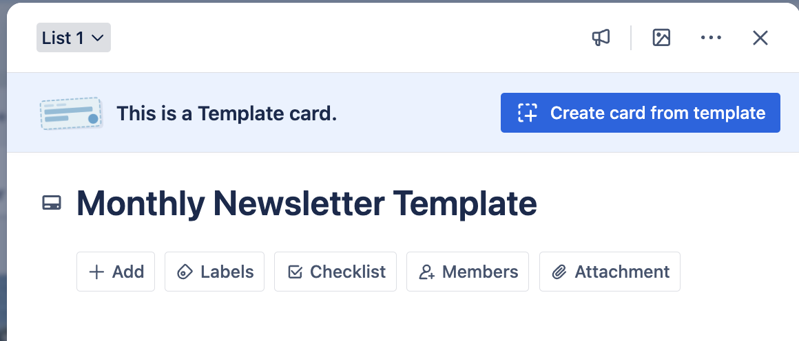 An open card with a message saying "This is a Template Card." and a button "Create card from template"