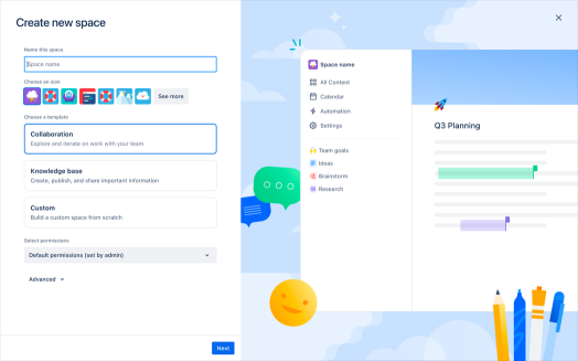 Image of creation flow for new collaborative space in Confluence