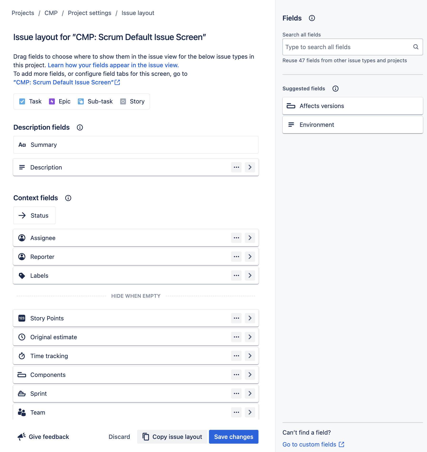 Screenshot describing the fields in the issue layout