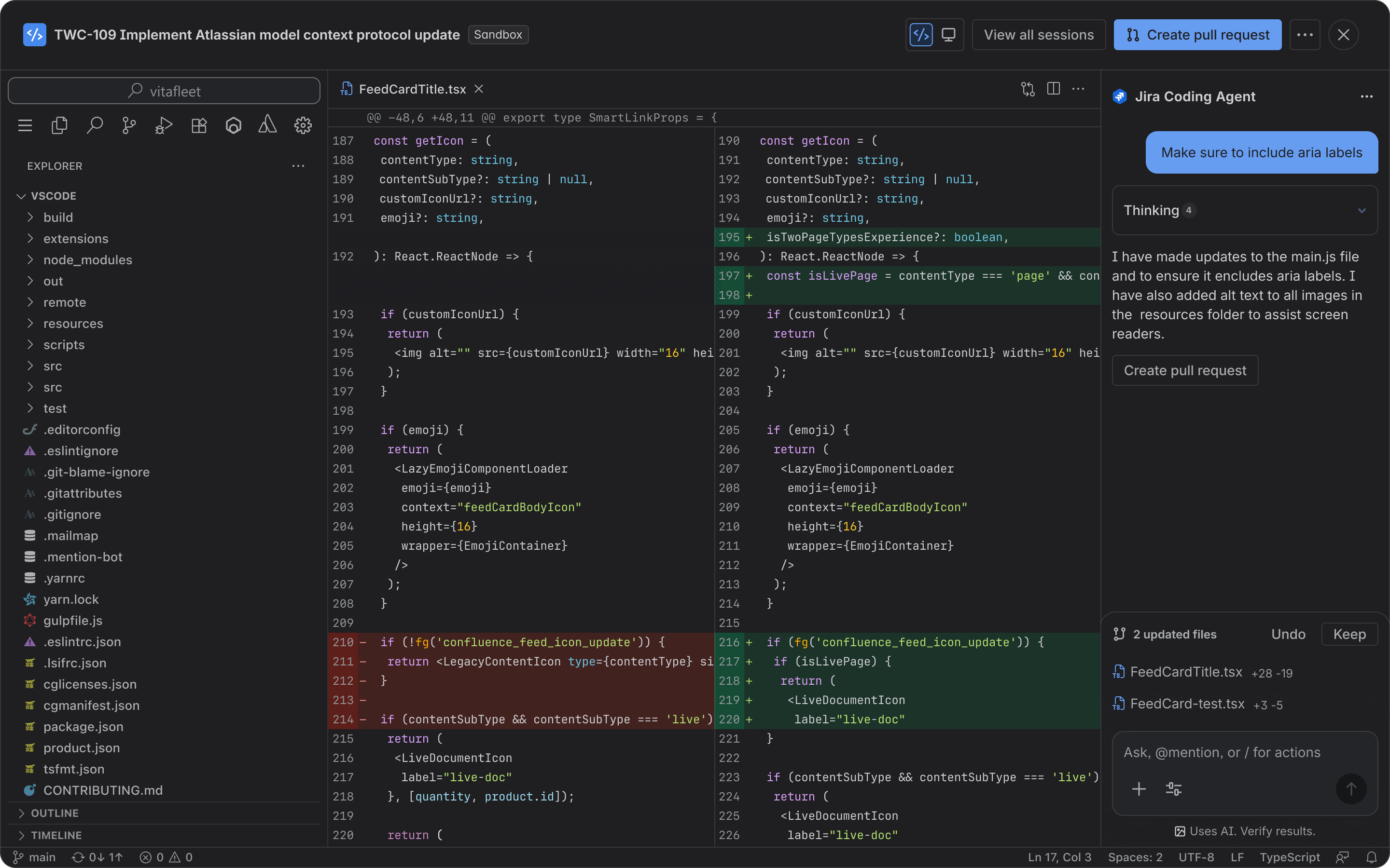 The Jira coding agent editing code that's already been generated using the chat function