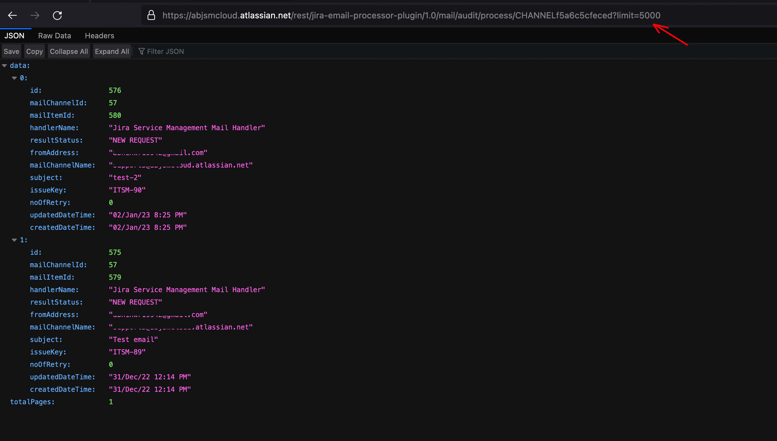 Screenshot of a JSON response from the Jira email processor plugin, showing details of two processed emails with their respective IDs, statuses, subjects, and timestamps. The URL indicates a limit of 5000 records.