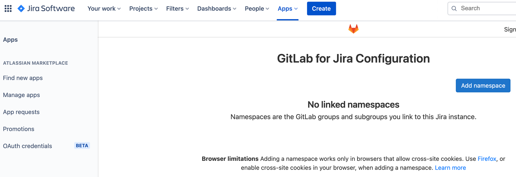 Jira における Gitlab 設定のスクリーンショット