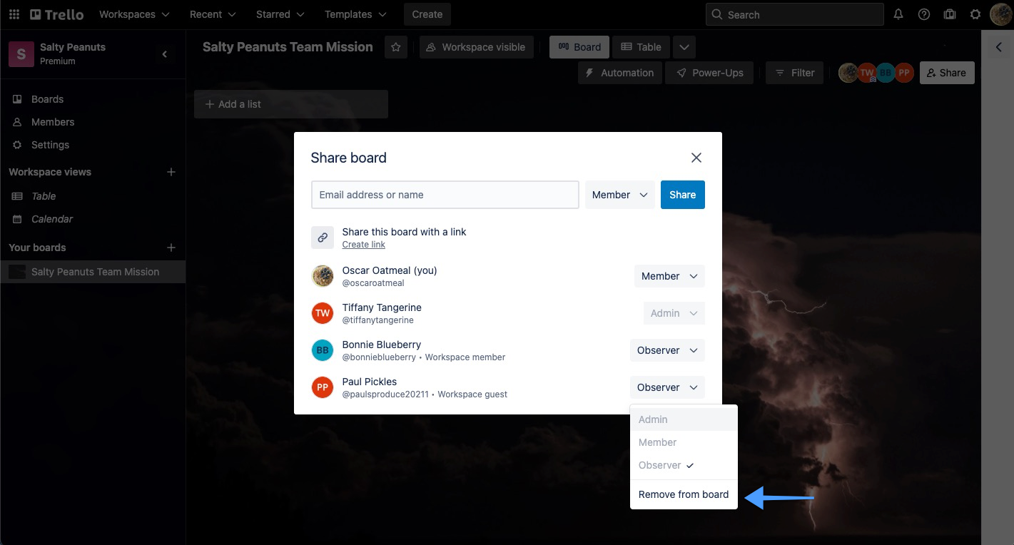 Board share modal showing the Remove from board option