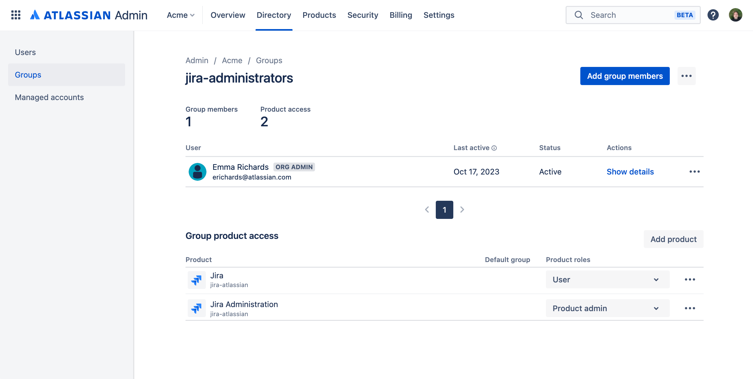 Product access settings for a group