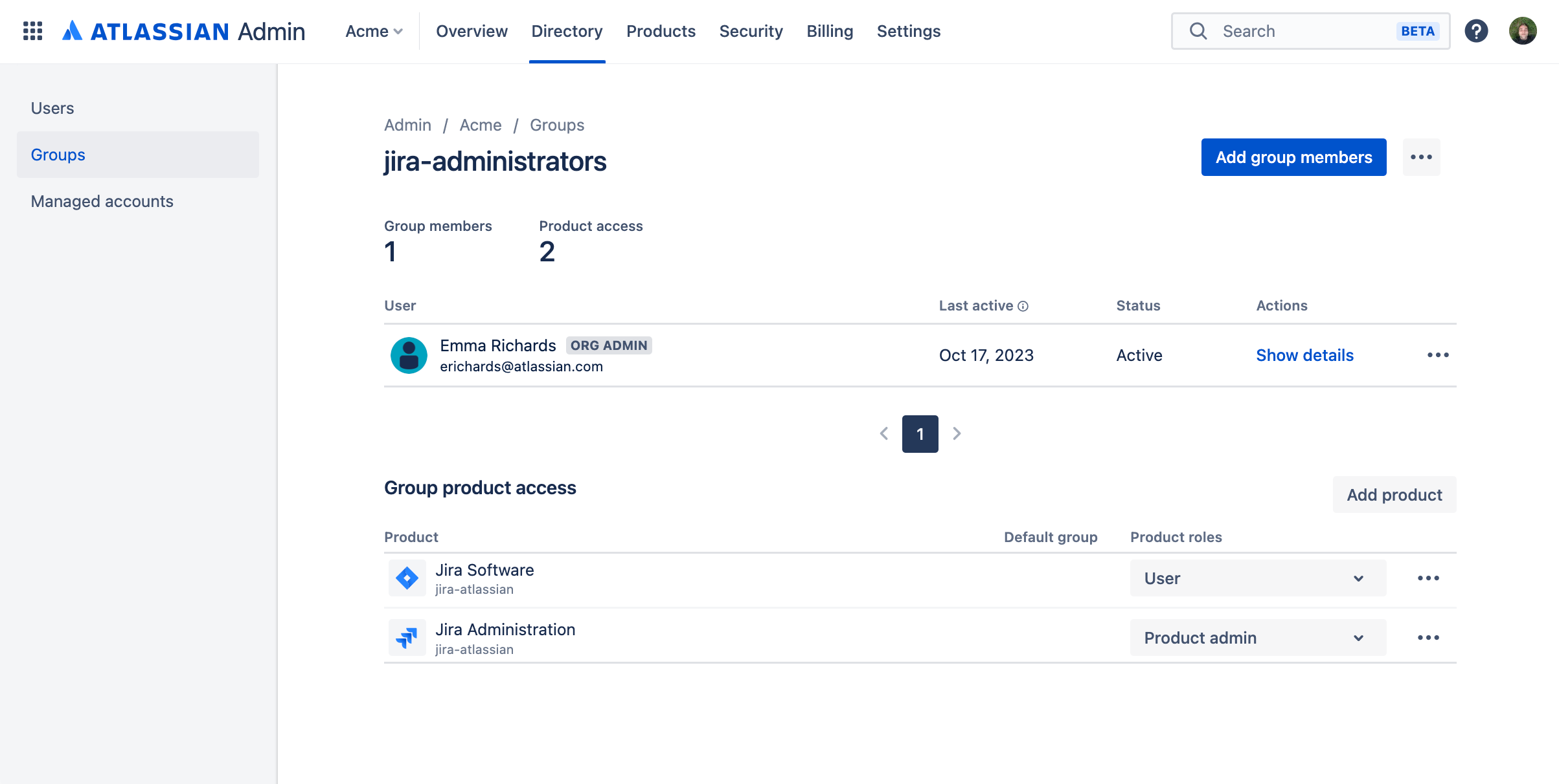 Product access settings for a group