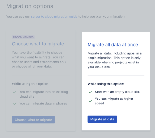 Two migration options, with the "Migrate all data at once" highlighted.