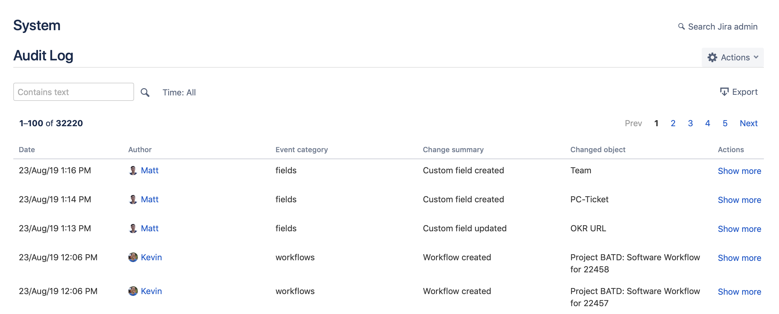 Jira Cloud での監査アクティビティを示す画像