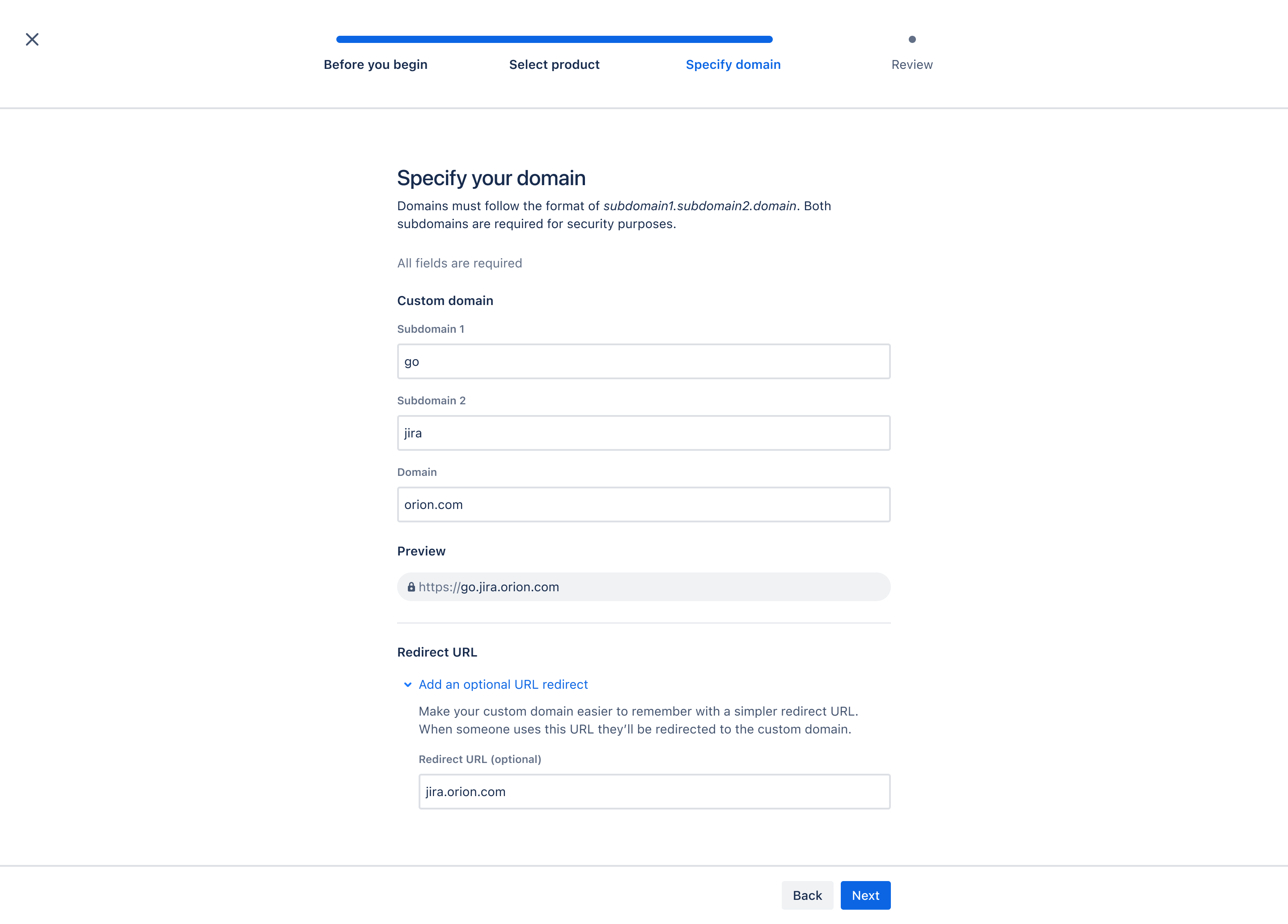 Add custom domain form with the following fields: domain, subdomain, subdomain keyword.