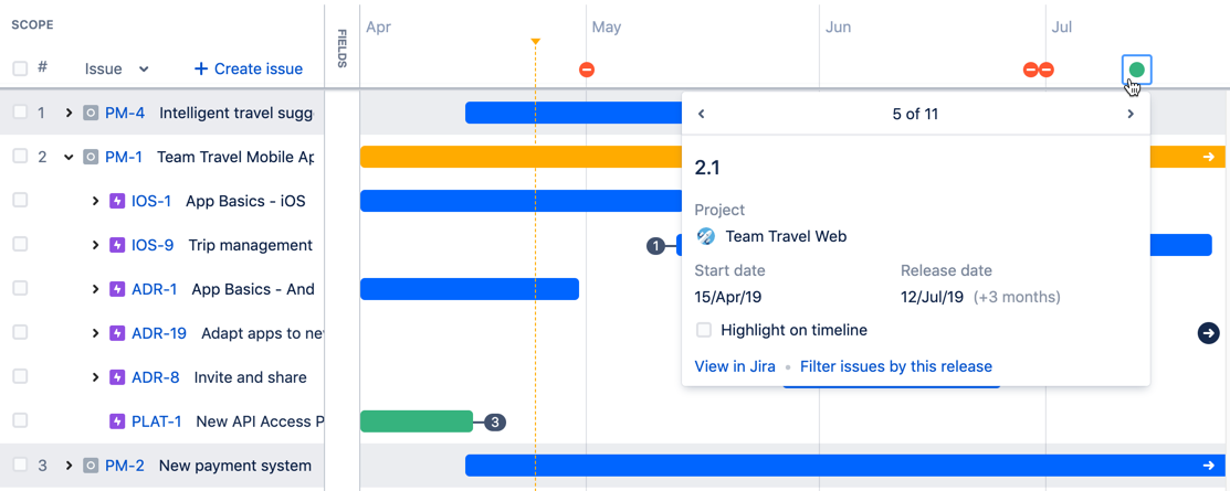 The timeline view showing the releases dialog, a card that shows project release names, dates, and other information