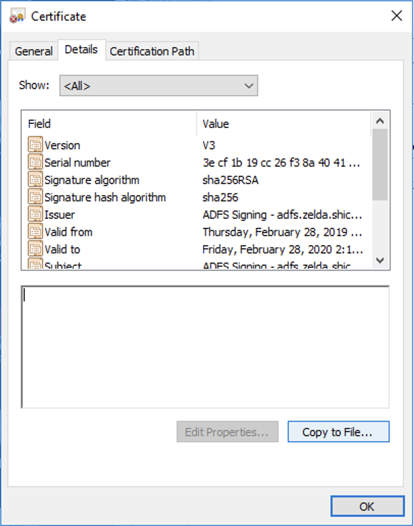 Details tab in the Certificate screen showing a table of fields and their values