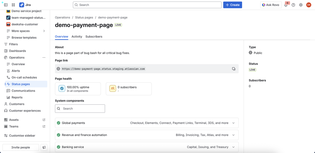 Status page dashboard that lists the health and performance of your services