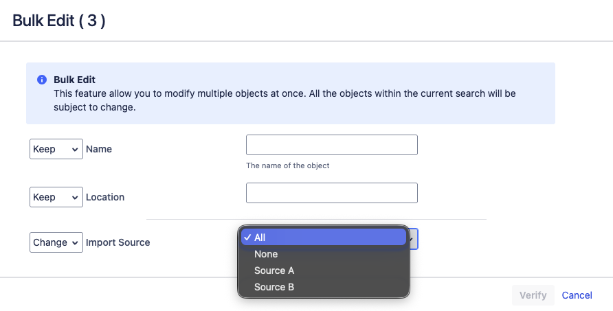 Screenshot of several objects selected with the bulk edit import source action.