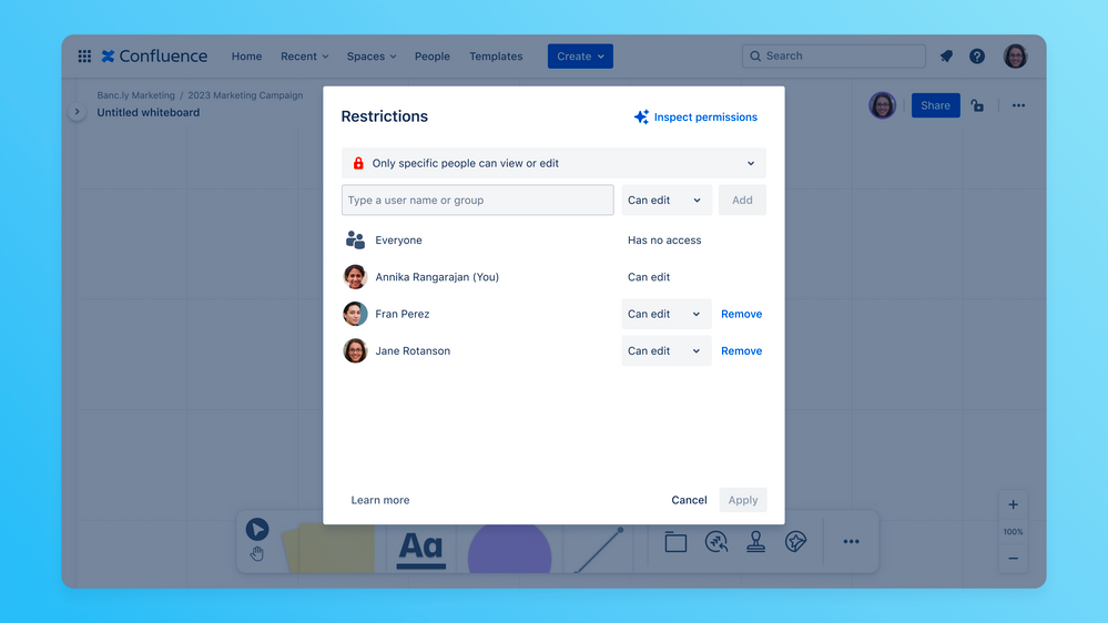Add or remove whiteboard restrictions Confluence Cloud Atlassian