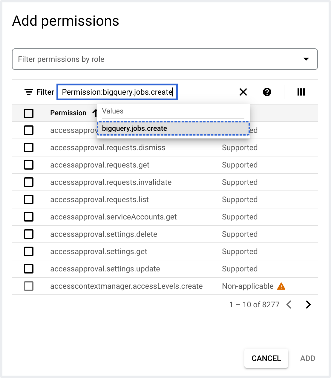 Add "BigQuery.Jobs.Create" permission to custom role