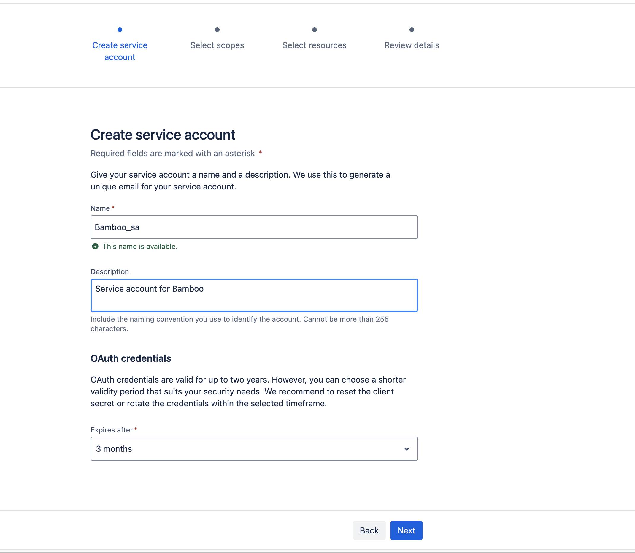 Create Service Account details