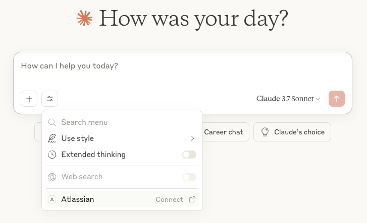 Search and tools menu in a new Claude chat