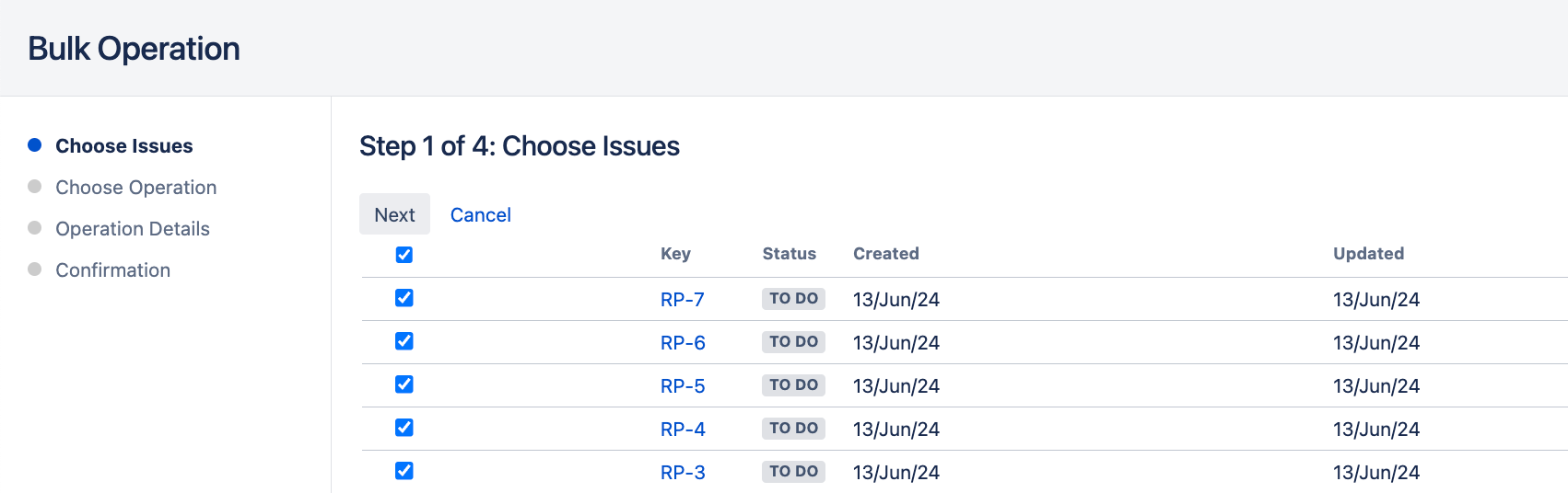 List of selected issues in the Bulk Operation screen.
