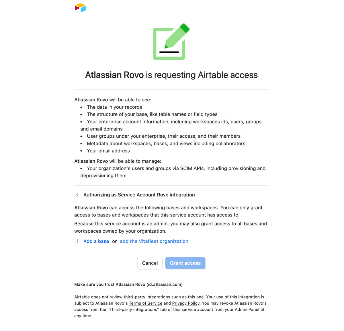 The consent screen the admin sees while connecting Airtable, outlining what level of access Rovo has.