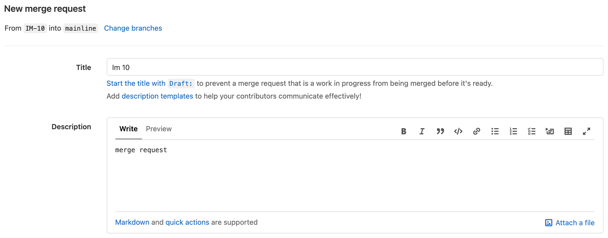 screenshot of creating merge request in gitlab