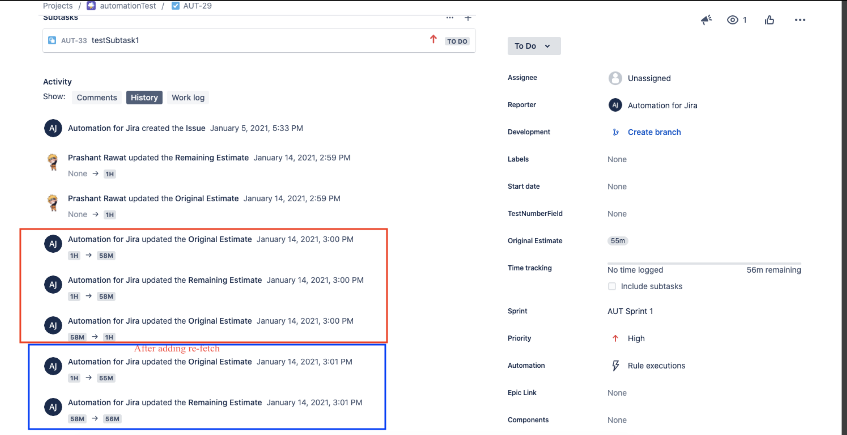 JIRA issue history showing Original estimate and remaining estimate updated by automation