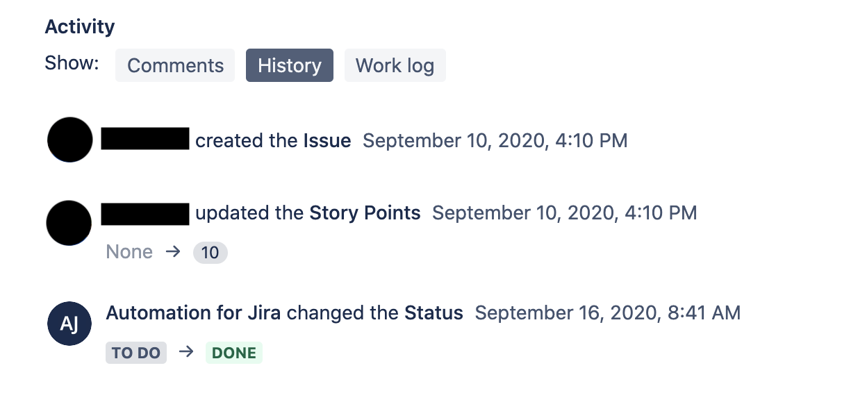 Issue history in Jira, showing the issue's status was set to Done by a user called "Automation for Jira"