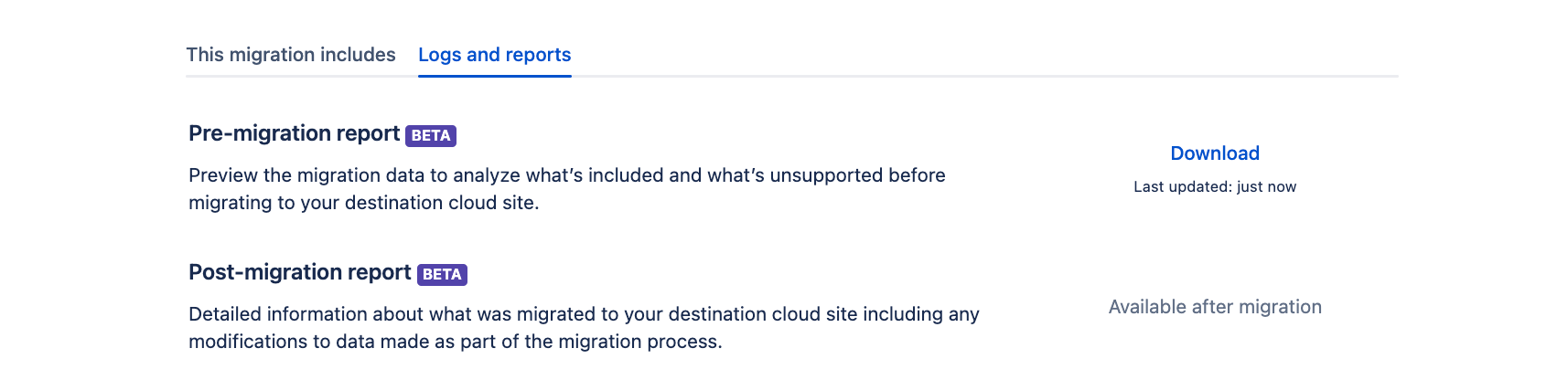 Logs and reports tab, with reports available for download.
