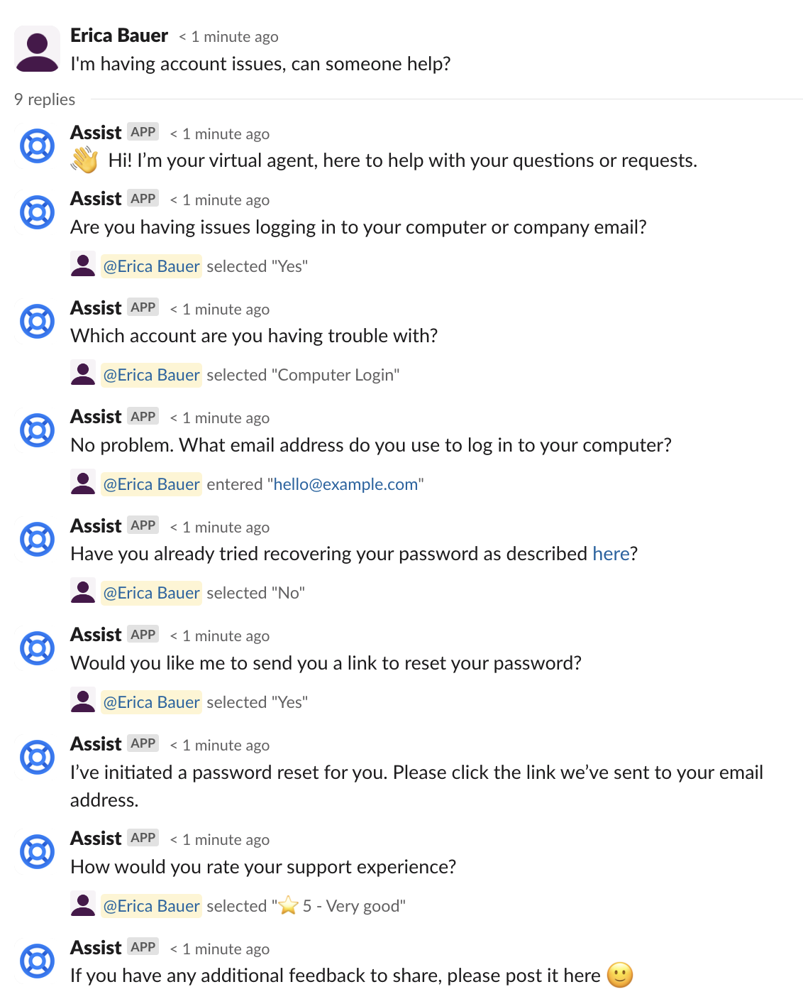 カスタマーのクエリがインテントを使用して解決される Slack の会話。
