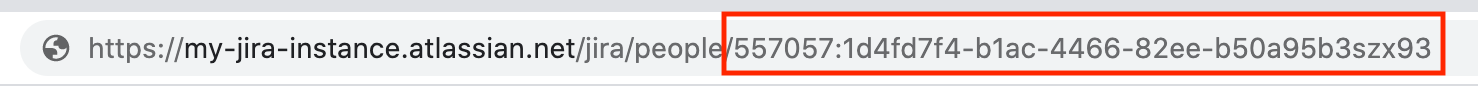 URL of an Atlassian Cloud site. The characters after "/jira/people/" are highlighted, to emphasize the account ID.