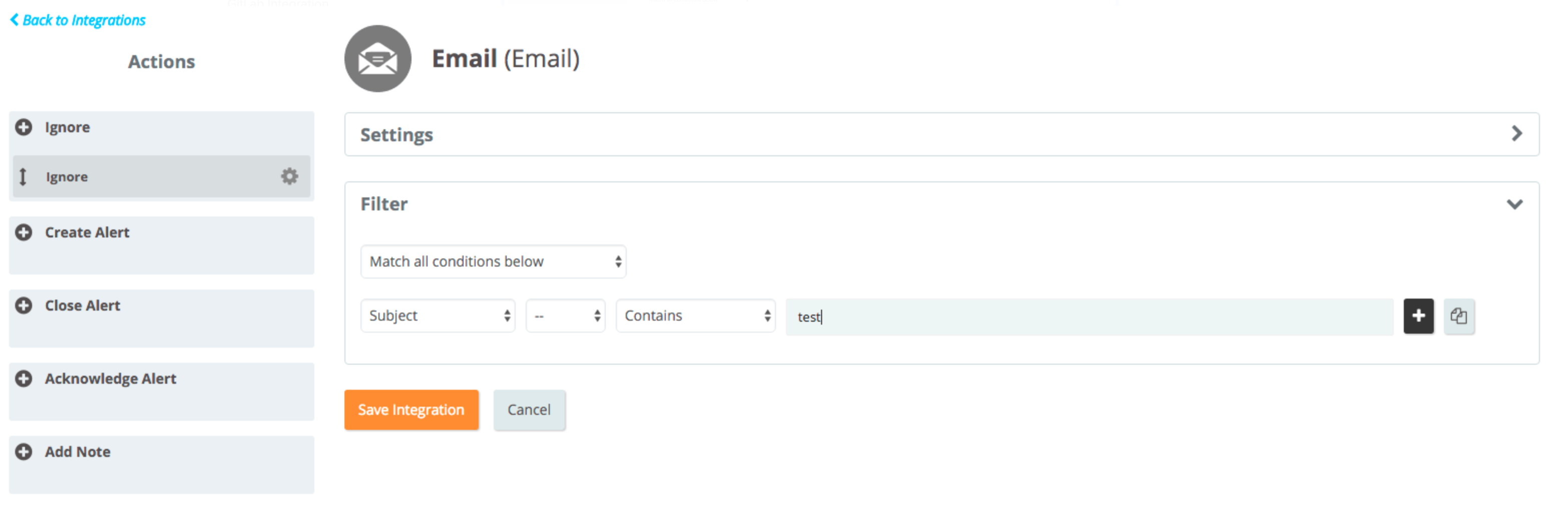 An image that shows how to create an ignore action for email integrations.