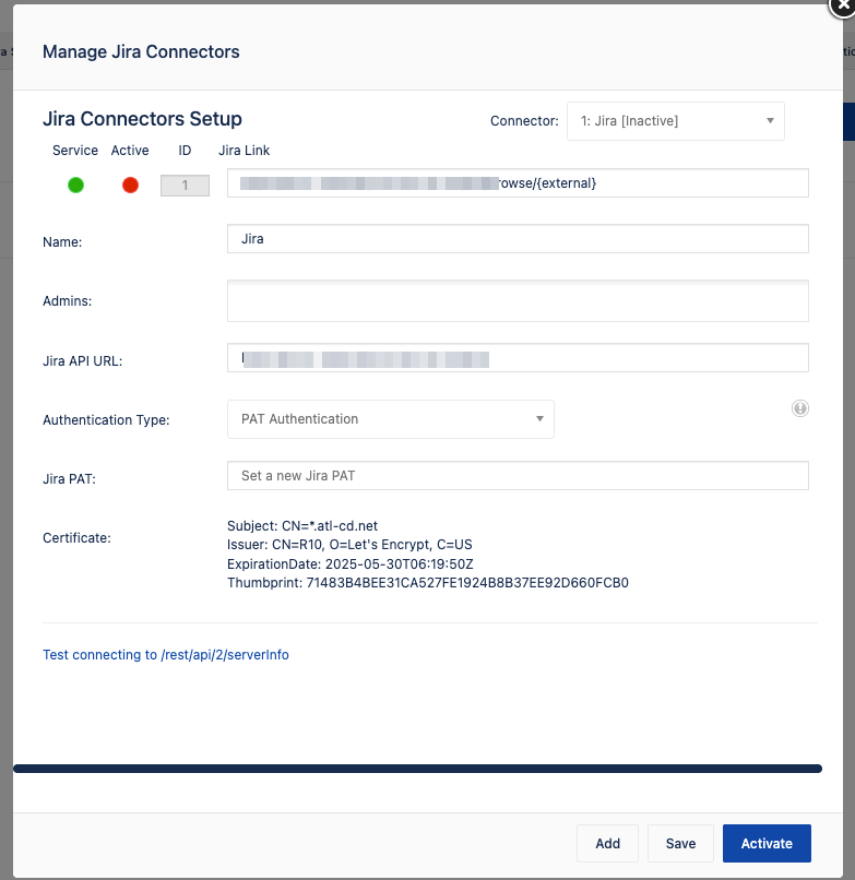 Jira Connectors Setup showing the correct/new certificate