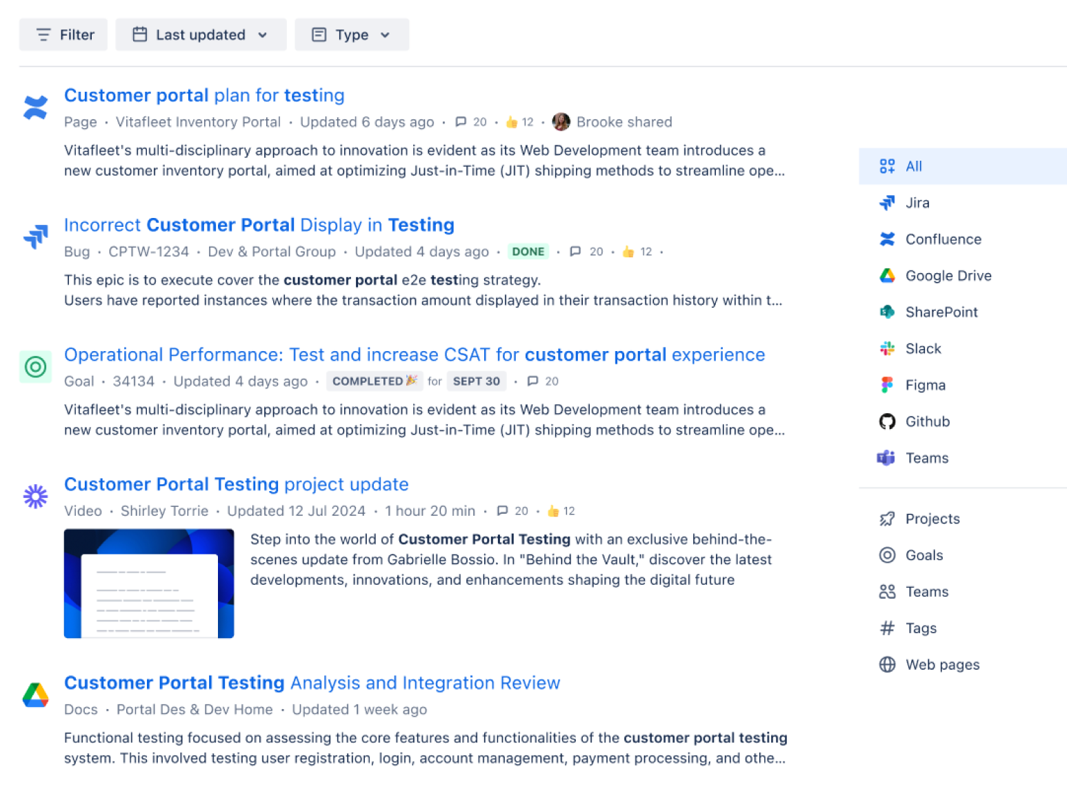 Screenshot of full page Search results in Rovo, with different first-party and third-party product filters