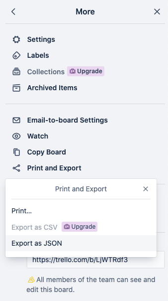 Export options in Trello under a workspace with Export As JSON selected