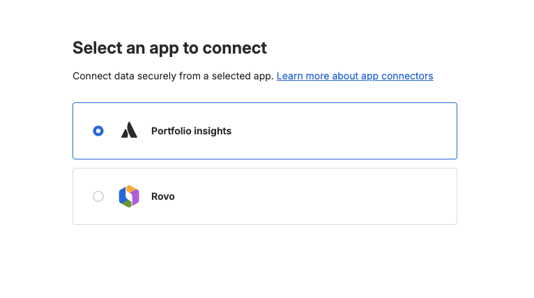 Select an app to connect step in flow to connect Portfolio Insights