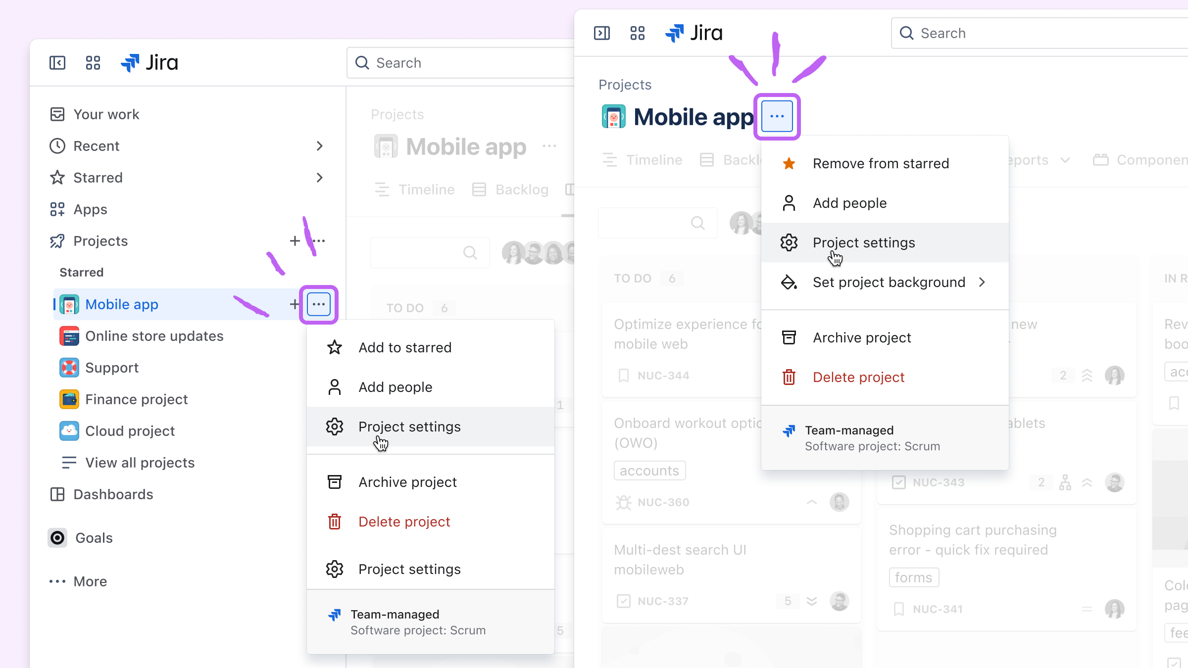 Screenshot of Jira's project settings in two places