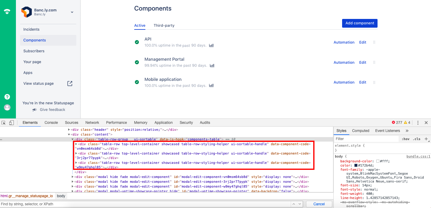 コンポーネント コードを検索するための Page Inspector が開いているコンポーネント画面