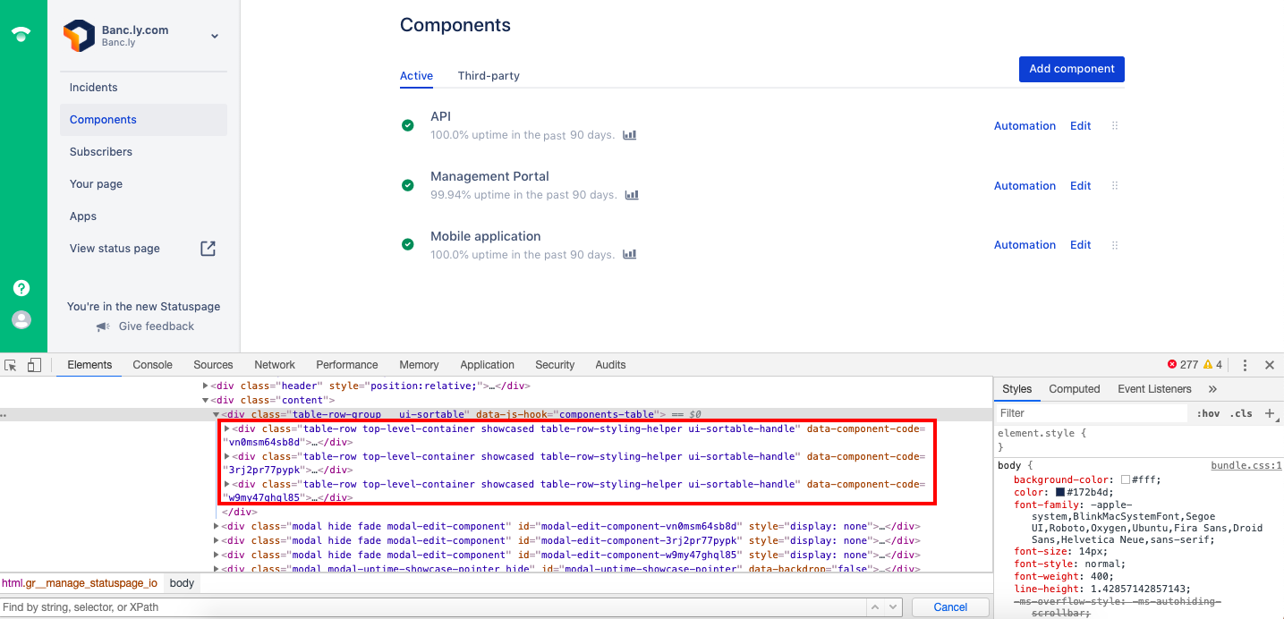 The components screen with the page inspector open to find component codes