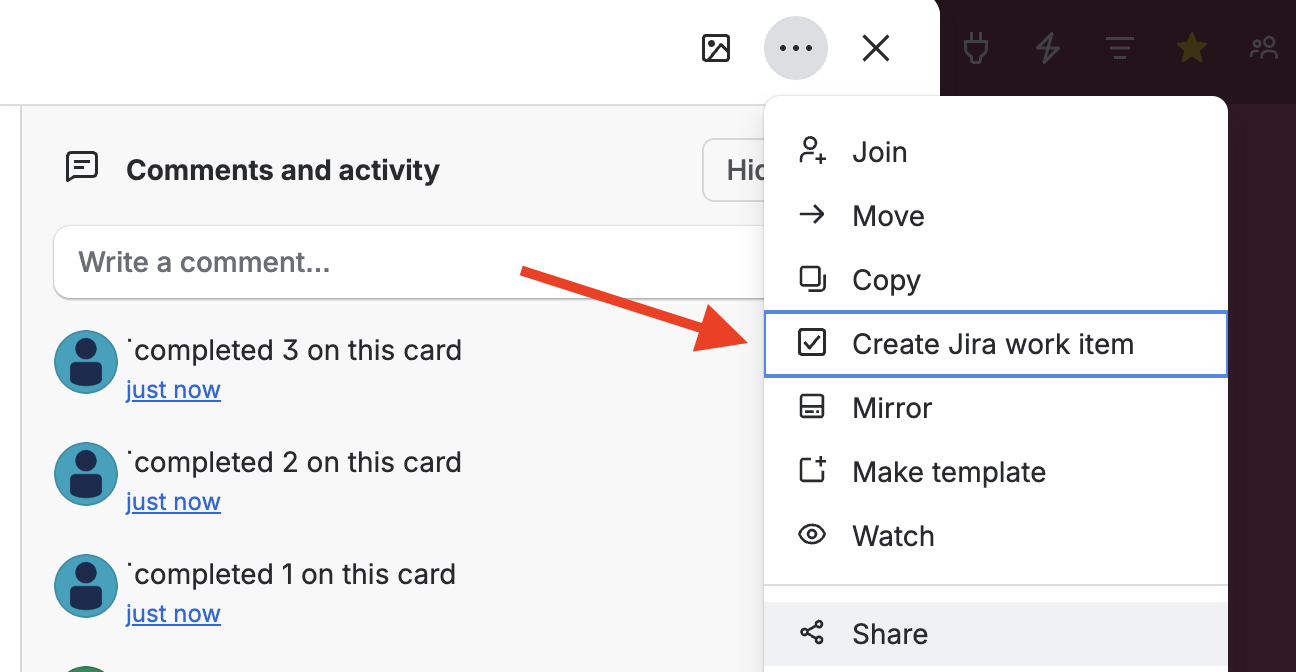Trello card back with the More Actions menu open and the "Create Jira work item" option highlighted