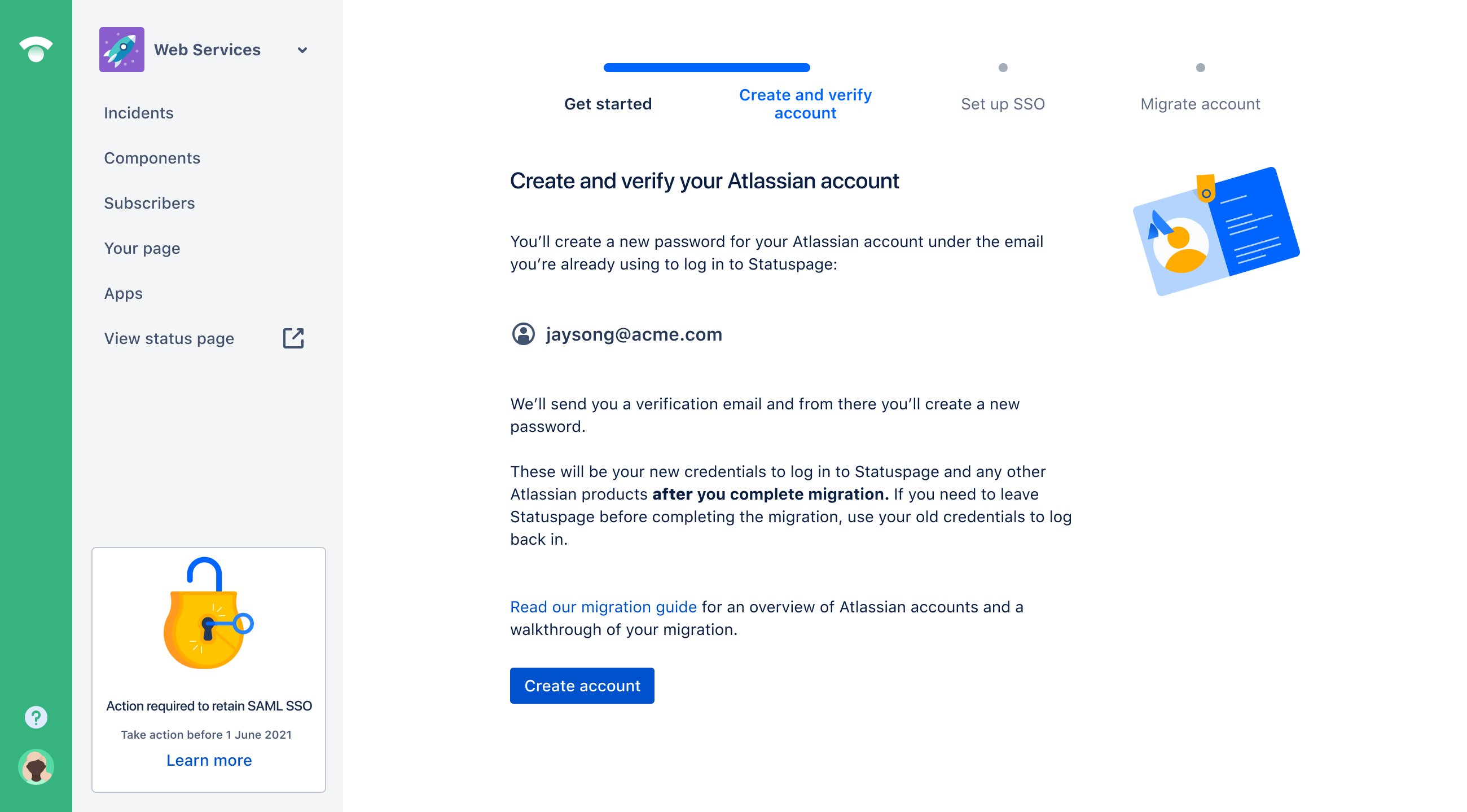 SSO を使用した移行のステップ 1 が表示されます - Atlassian アカウントの作成と検証