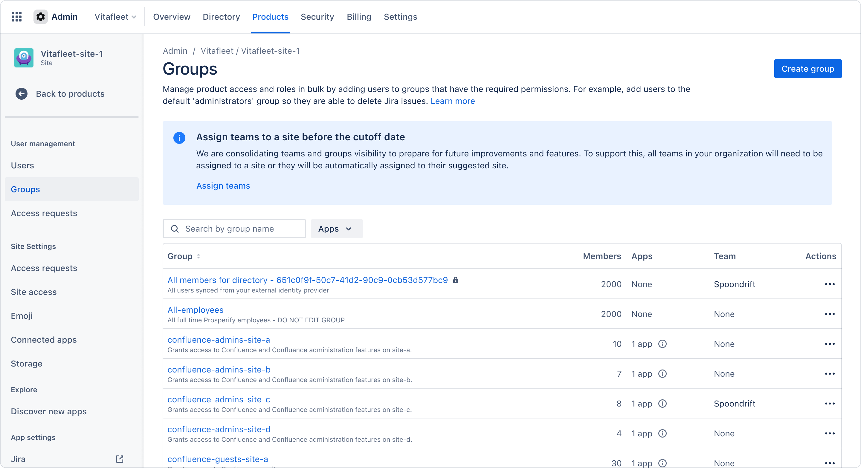 Groups page in Atlassian Administration showing a highlight banner for the migration.