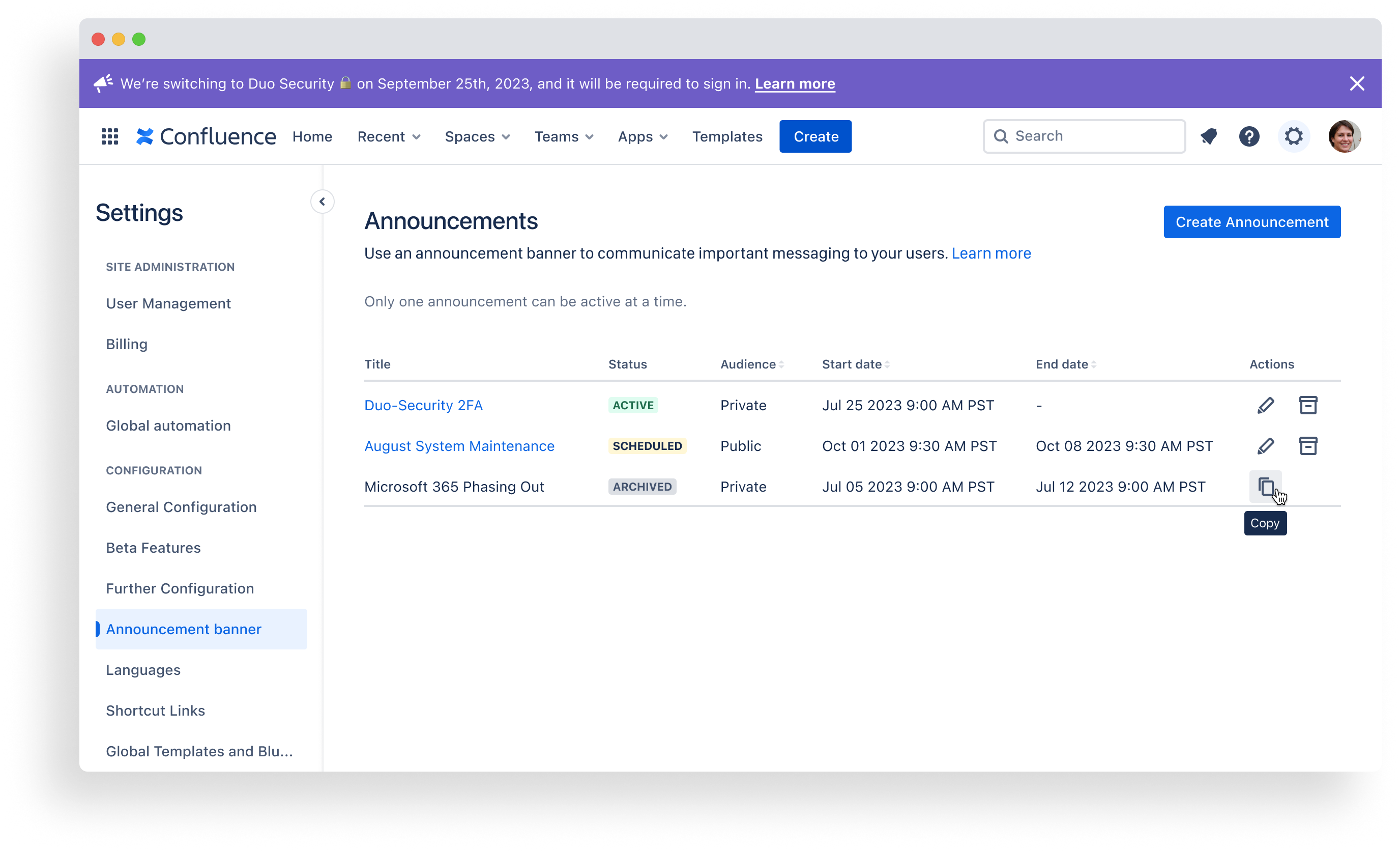 Announcements table shows 3 banners in Active, Scheduled, and Archived states. A Create Announcement button is top-right.