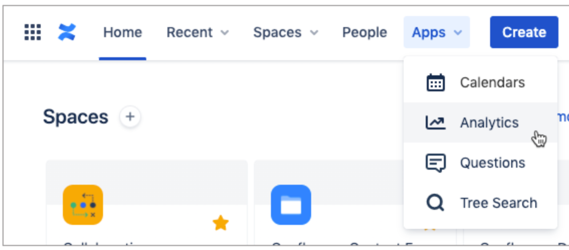 Confluence アプリ メニューからサイト アナリティクスにアクセスします。