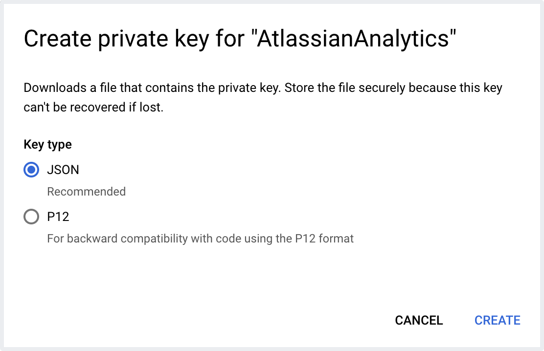 Create JSON private key for Atlassian Analytics service account