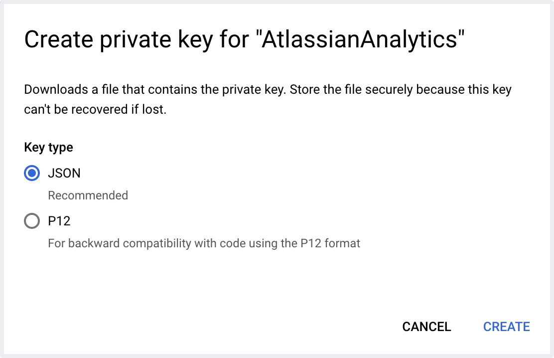 Atlassian Analytics サービス アカウント用の JSON プライベート キーを作成します