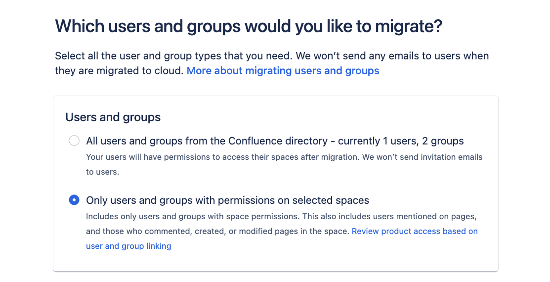 Selecting users to migrate in the Confluence Cloud Migration Assistant.