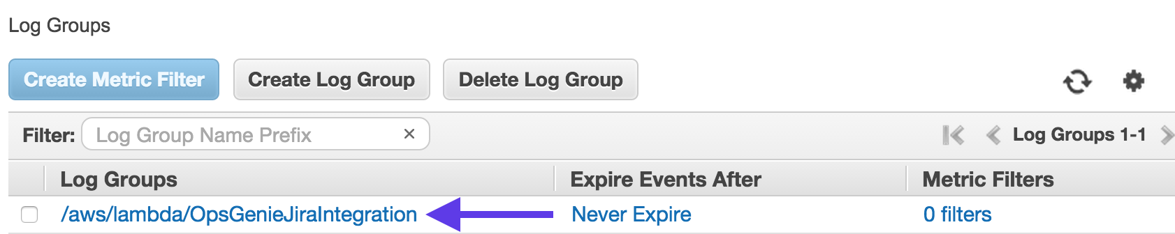 An image showing the location of log streams in Amazon web services platform.