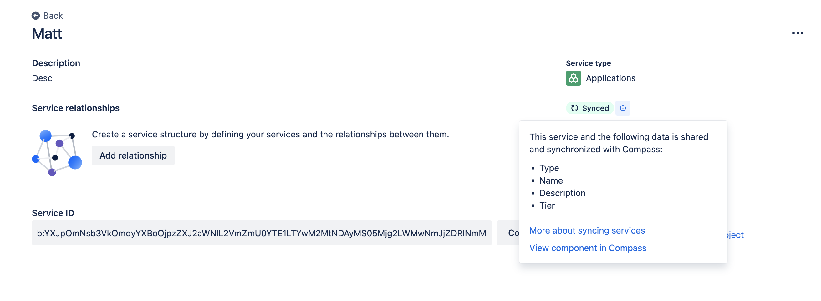 Image showing a service with the 'synched' status for a Compass component