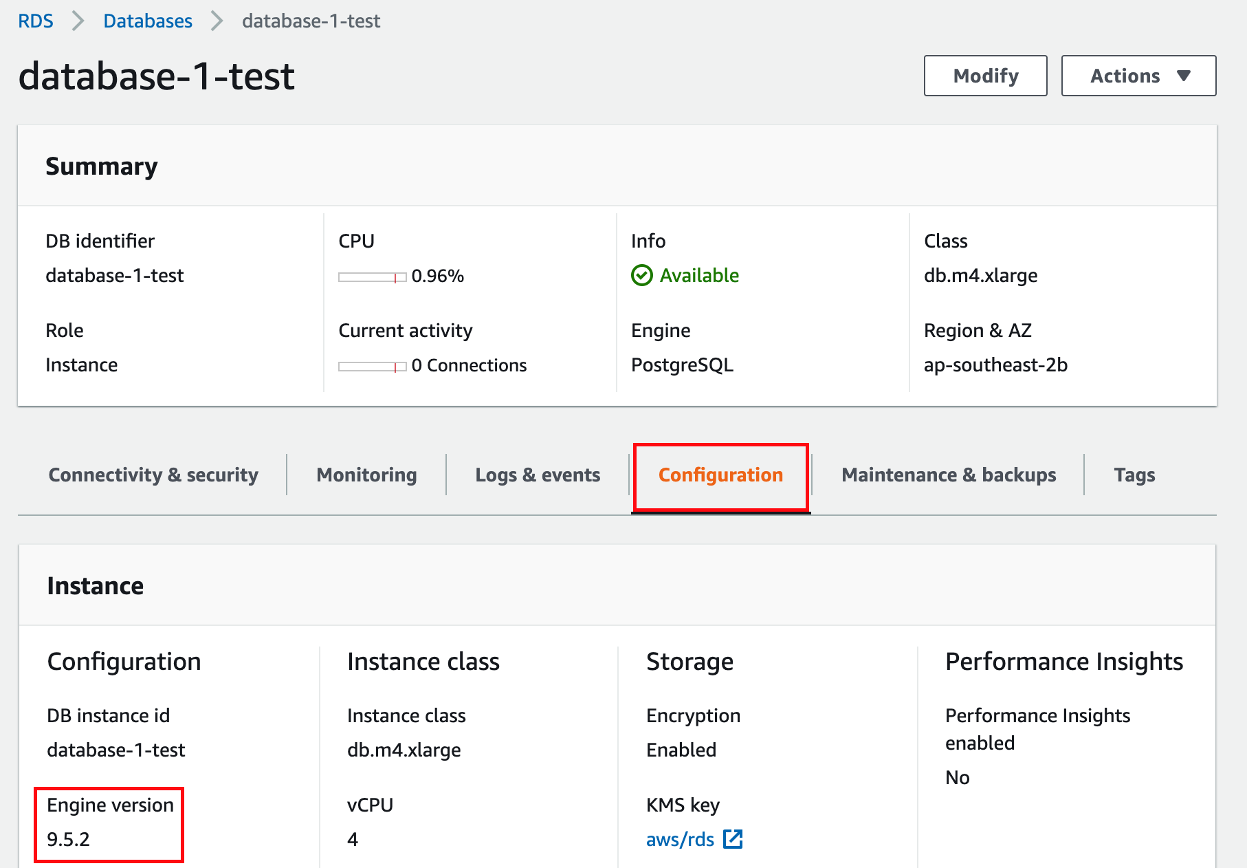 Summary screen of an Amazon RDA database with the Configuration tab selected